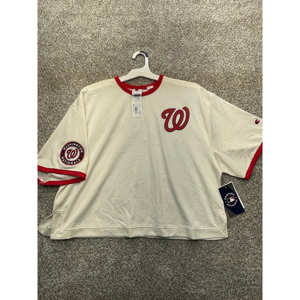 Champion Washington Nationals Jersey Women L Cream NEW Mesh Short Sleeve